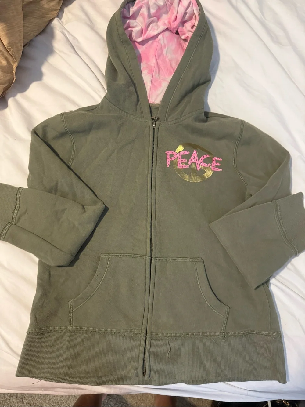 Justice Olive Green Zip Hoodie with Pink Lined Hood and Peace Graphic